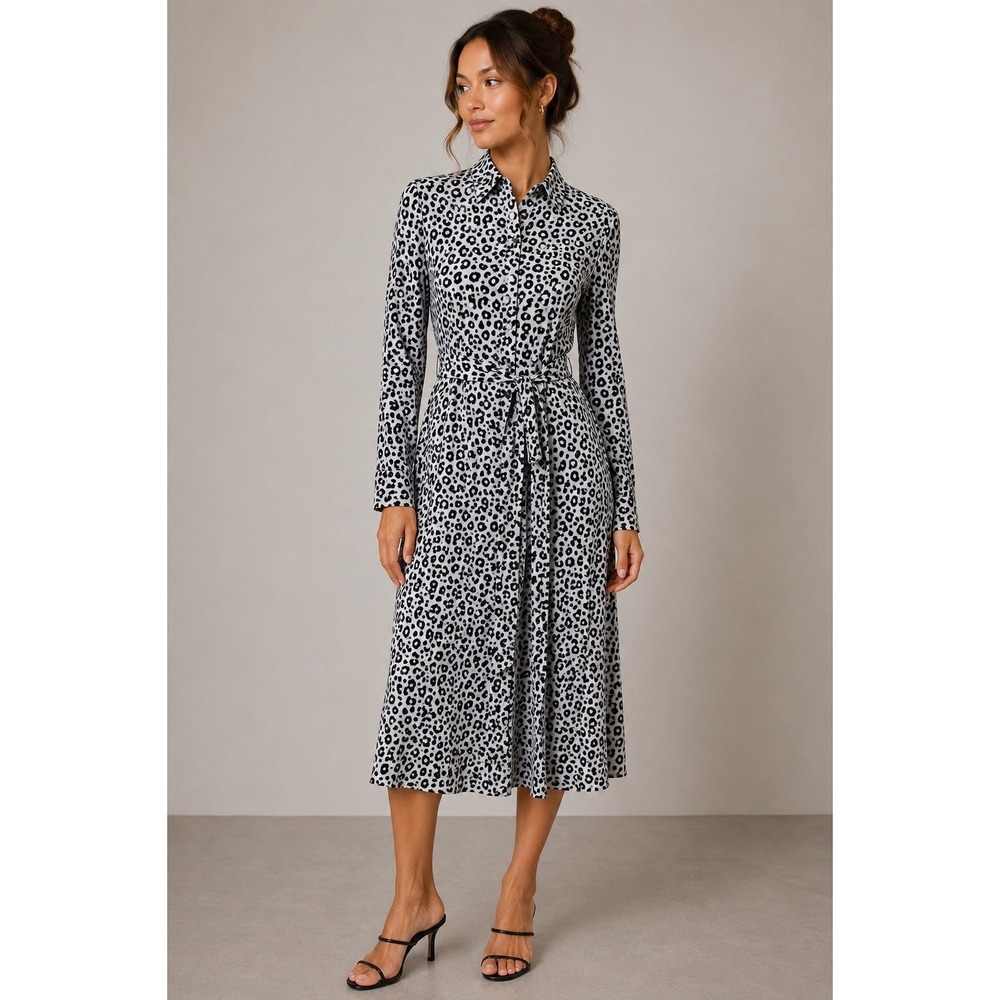 LOFT Leopard Print Midi Dress Long Sleeve Button Front Belted Gray Black 2